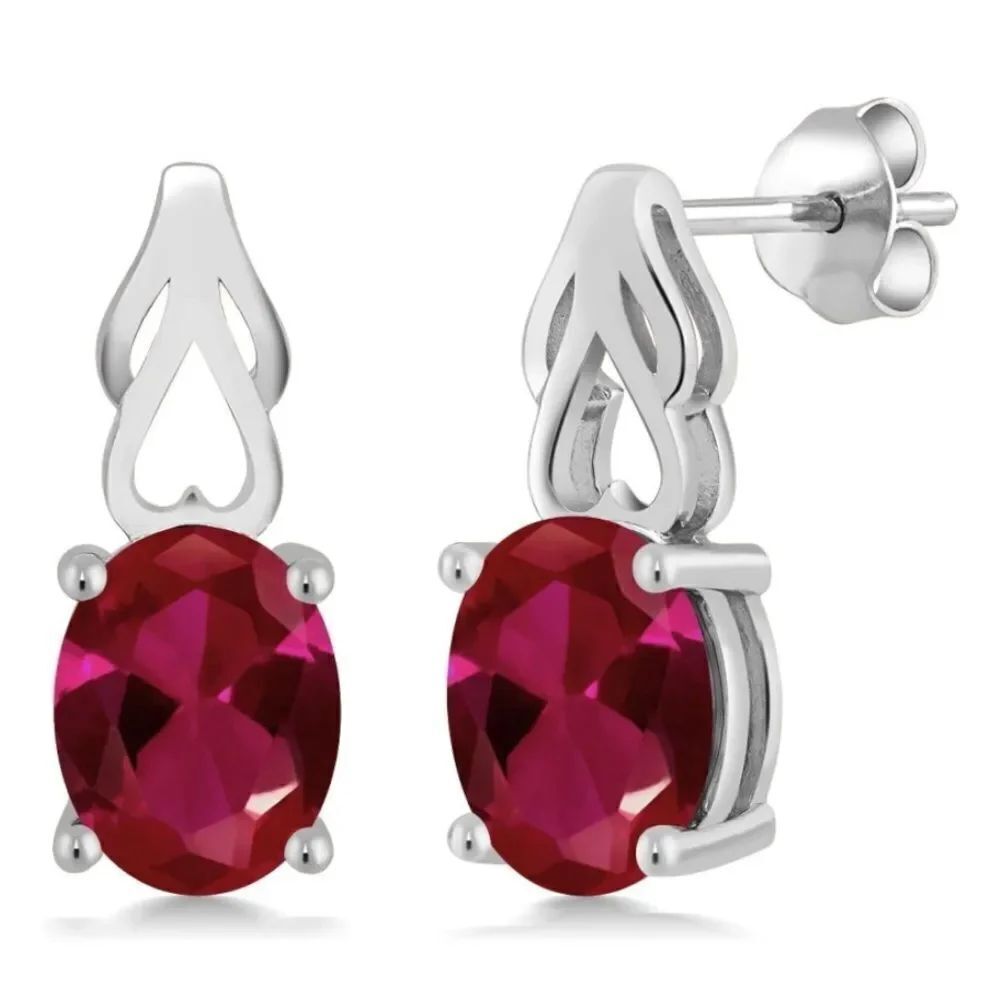 925 Sterling Silver with 4.00 Cttw Ruby Oval Post Back Drop Earrings
